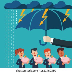 Hand with umbrella protecting business people holding piggy banks from economic problems. Saving money for any storm problem will come. Business and finance protection vector concept