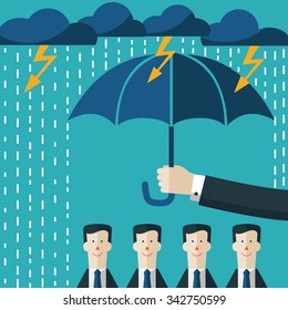 Hand with umbrella protecting businessmen. Boss protecting and saving his employees for any problems. Business and financial concept.