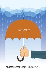 Hand with umbrella under big rain.Vector background for text