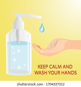 Hand under droplet soap or hand sanitizer gel from pumping head of bottle. Concept hygine of health and prevent COVID-19 spread Coronavirus prevention concept. Flat vector illustration.