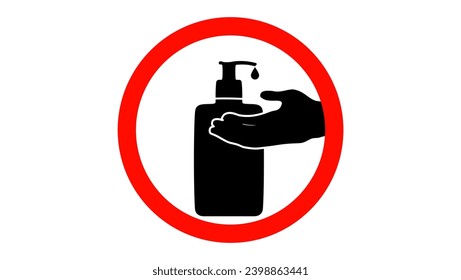 hand under liquid soap, red and black sign