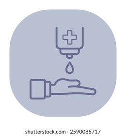 Hand under medical dispenser releasing drop of medicine. Typical health and hygiene practice in clinical setting concept