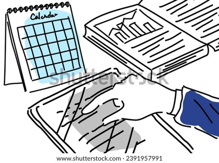 Hand in uniform studying for exam on tablet hand drawing illustration, vector