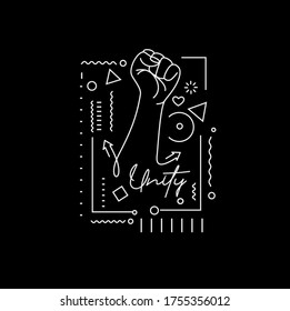 Hand with Unity Calligraphic line art Text shopping poster vector illustration Design.