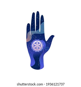 Hand of the universe with mandala. Vector illustration.