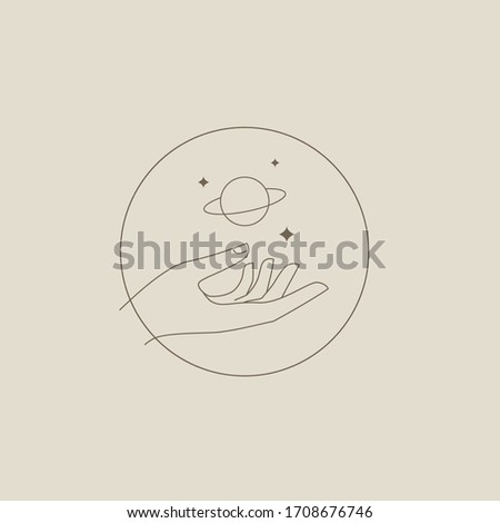 Hand with universe, planet, space logo, label, badge, emblem, sign. Use for cosmetics, hand made, beauty, psychic products. Thin line minimal style. Vector illustration.