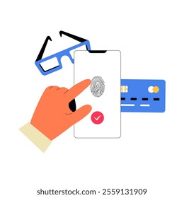 Hand Unlocking Smartphone With Fingerprint Sensor And Credit Card In Flat Vector Illustration Symbolizing Digital Security And Safe Payments, Isolated On White Background