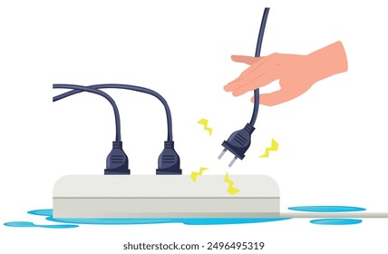 Hand unplugging cable from wet electrical socket. vector illustration.