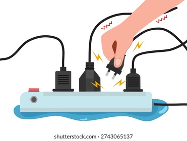 Hand unplugging cable from wet electrical socket.