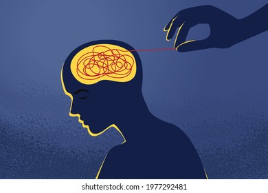 Hand unravelling tangled string from inside of person head. Psychotherapy metaphor illustration. Flat vector design