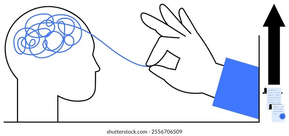Hand untangles tangled line from a head, visualizing mental clarity and problem-solving. Ideal for mental health, productivity, brainstorming, creativity, and cognitive processes. Simple