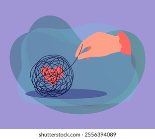 Hand untangling tangle around heart. Person finding solution to problems in love life flat vector illustration. Phycology, mental health, love concept for banner, website design or landing web page