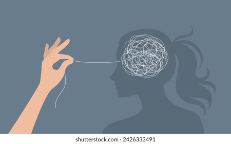 Hand untangling a tangle of thoughts in a woman's head. The concept of psychological help and support. Flat vector illustration