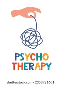 Hand untangling tangled thoughts. Chaos or mess. Psychotherapy concept. Abstract metaphor of solving difficult situation. Vector illustration
