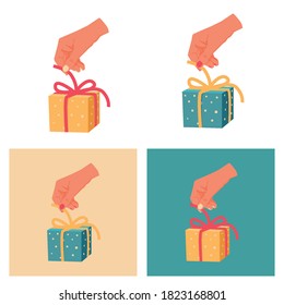 hand unties a bow on a gift box.Yellow and blue packaging with touch tape.Use for greetings, cards or website icons. Primitive style.Stock vector isolated illustration on white background