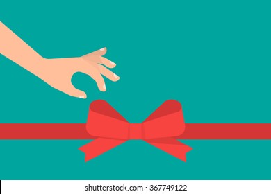 A hand unties a bow from red ribbon. Award ceremony, celebration concept. Isolated vector illustration flat style.