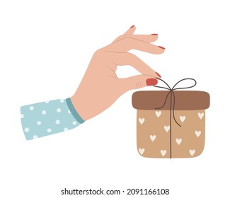 The hand unties the gift.  Vector illustration in cartoon style
