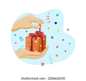 Hand untying red bow on small gift box. Person receiving present box at Christmas, birthday, anniversary and other such occasions. Hands holding gift with confetti flying around cartoon vector