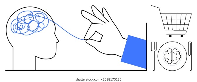 Mão desenrolando a linha emaranhada de um cérebro, carrinho de compras, e prato de jantar com cérebro. Ideal para saúde mental, psicologia, ciência cognitiva, comportamento do consumidor, neurociência. Vetor moderno simples