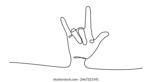 hand upward raised i love you sign gesture drawing one continuous line. free hand drawn outline line art minimalism style. editable stroke.