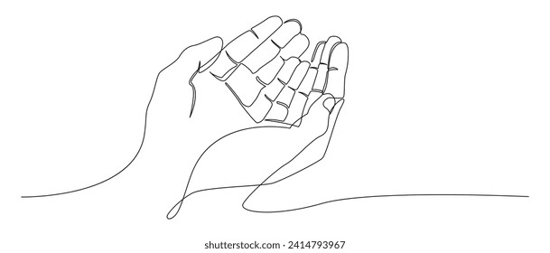 hand upward raised praying drawing one continuous line. Happy Eid Mubarak, Eid Fitr, Ramadan Kareem. Muslim religion holiday celebration free hand drawn outline line art minimalism style.