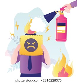 Hand use fire extinguisher try to extinguish burning flame on businessman head. Bad mood. Psychological therapy to cool down burning mind, reduce burnout or mental illness, depression, cure anxiety