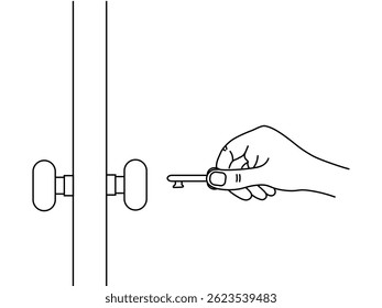 Hand use a key to open door on white background. symbol unlock door. editable stroke illustration EPS 10.
