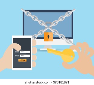 hand use key and username password on mobile  for locked computer vector illustration