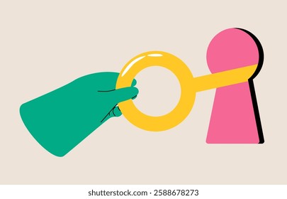 Hand use keys to unlock potential. Opportunities for success. Colorful vector illustration
