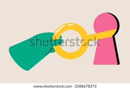 Hand use keys to unlock potential. Opportunities for success. Colorful vector illustration
