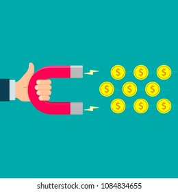 Hand use magnet to attract money investments. Money, business, success magnet. Flat design, vector illustration.