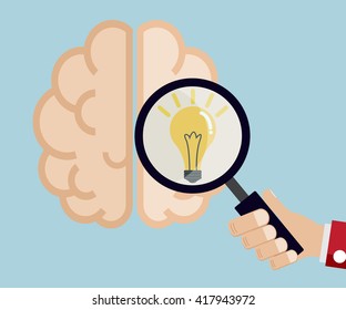 hand use magnifier for find idea from human brain vector illustration