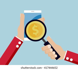 hand use magnifier find money from mobile, business online marketing concept vector illustration