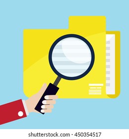 hand use magnifier glass for seaching data in yellow folder vector illustration