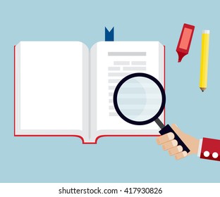 hand use magnifier for reading open book vector illustration