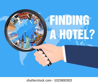 hand use magnifying glass to find hotel for travel