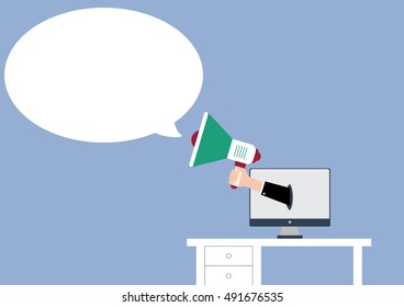 hand use megaphone from device with speech bubble, business concept vector illustration vector illustration