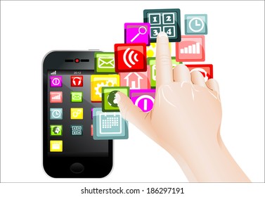hand use mobile phone with colorful application icons, isolated on white background