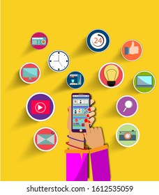 Hand use smart phone with social medial icon.He use application and connect online.Calling service,contact,technology,Vector communicate and flat design vector concept.