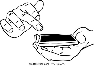Hand use smartphone Touch screen Hand drawn line art illustration