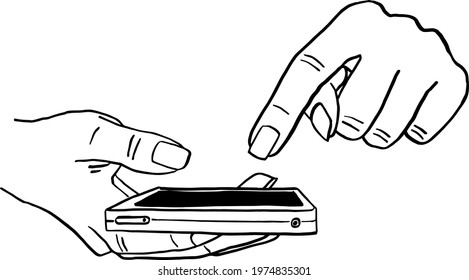 Hand use smartphone Touch screen Hand drawn line art illustration