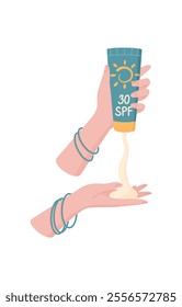 Hand use sun block cream product, vector solar protection moisturizer bottle, creative spf spray tube, cartoon sunblock lotion container, flat sunscreen cosmetic pack,