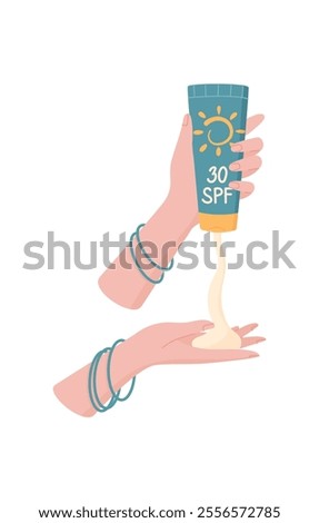 Hand use sun block cream product, vector solar protection moisturizer bottle, creative spf spray tube, cartoon sunblock lotion container, flat sunscreen cosmetic pack,