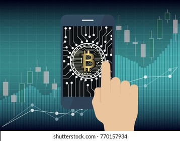 hand use tablet with Bitcoin Online and icon on screen, Digital business concept.
