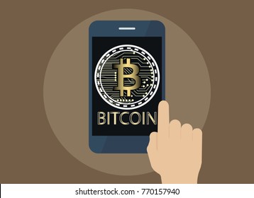 hand use tablet with Bitcoin Online and icon on screen, Digital business concept.