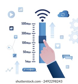 La mano del usuario o ingeniero mueve el deslizador y aumenta la velocidad de Internet inalámbrico. Wi-Fi de alta velocidad. Símbolo Wifi con flecha y texto. Red pública rápida. Escala de medición con flecha. Ilustración vectorial