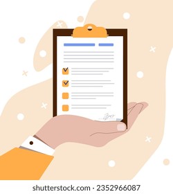 Hand with user guide concept. Character with document and greement. Instruction for customers, buyers and clients. Information and advice, knowledge. Cartoon flat vector illustration