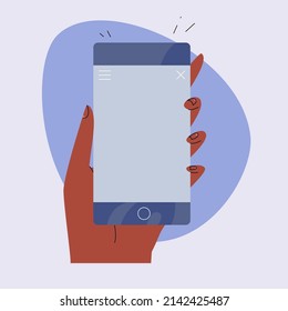Hand user is holding smartphone with blank screen. Concept of game, social networks, search, mobile application, online shopping. Vector illustration.