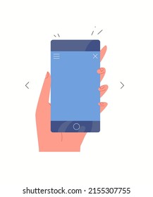 Hand user is holding smartphone with blank screen. Concept of game, social networks, search, mobile application, online shopping. Vector illustration.