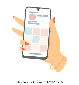 Hand of user with mobile phone. Vector illustration of people using smartphones. Cartoon social media, messenger apps